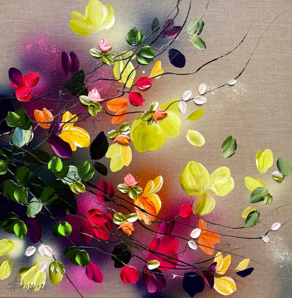 "Autumn Day I"- colorful floral painting, 60 × 60 × 2 cm / 23.6 × 23.6 × 0.8 in