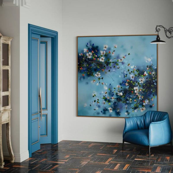 "Blue Garden" very large floral painting, 145 × 145 cm (57 × 57 in)