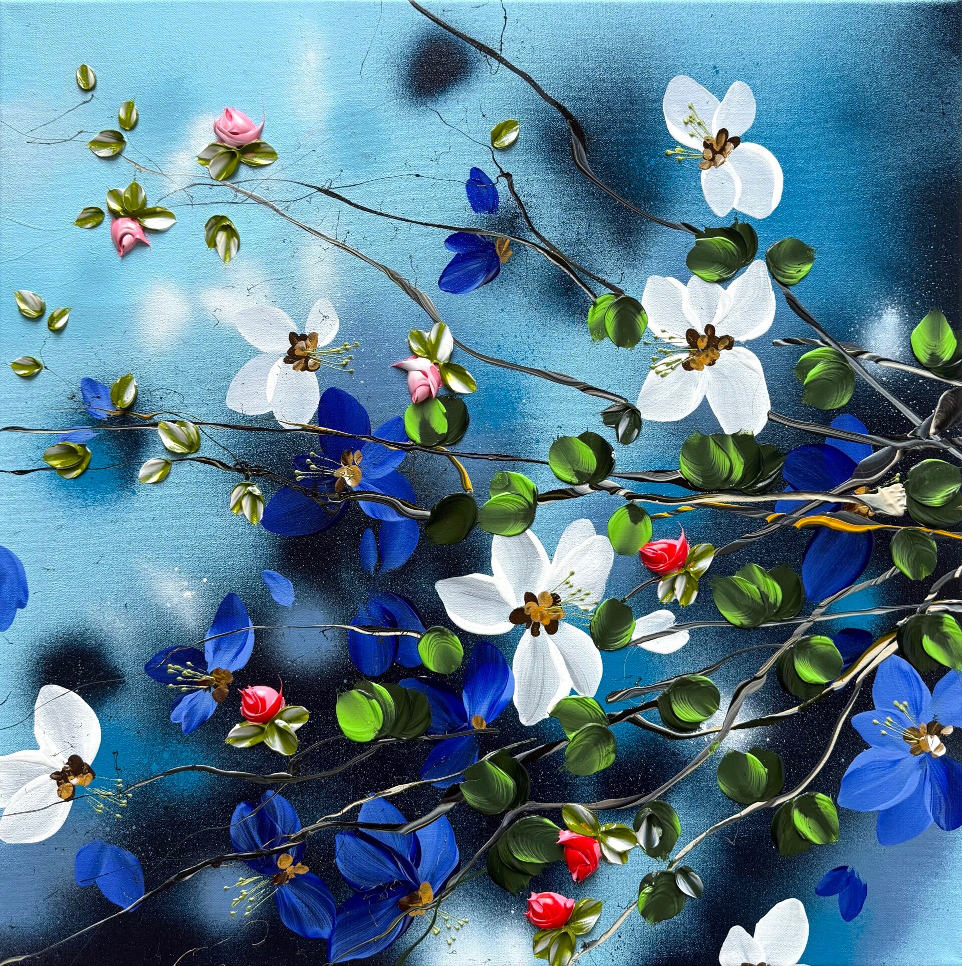 "Spring in Blue II" floral art, 60 × 60 × 2 cm / 23.6 × 23.6 × 0.8 in