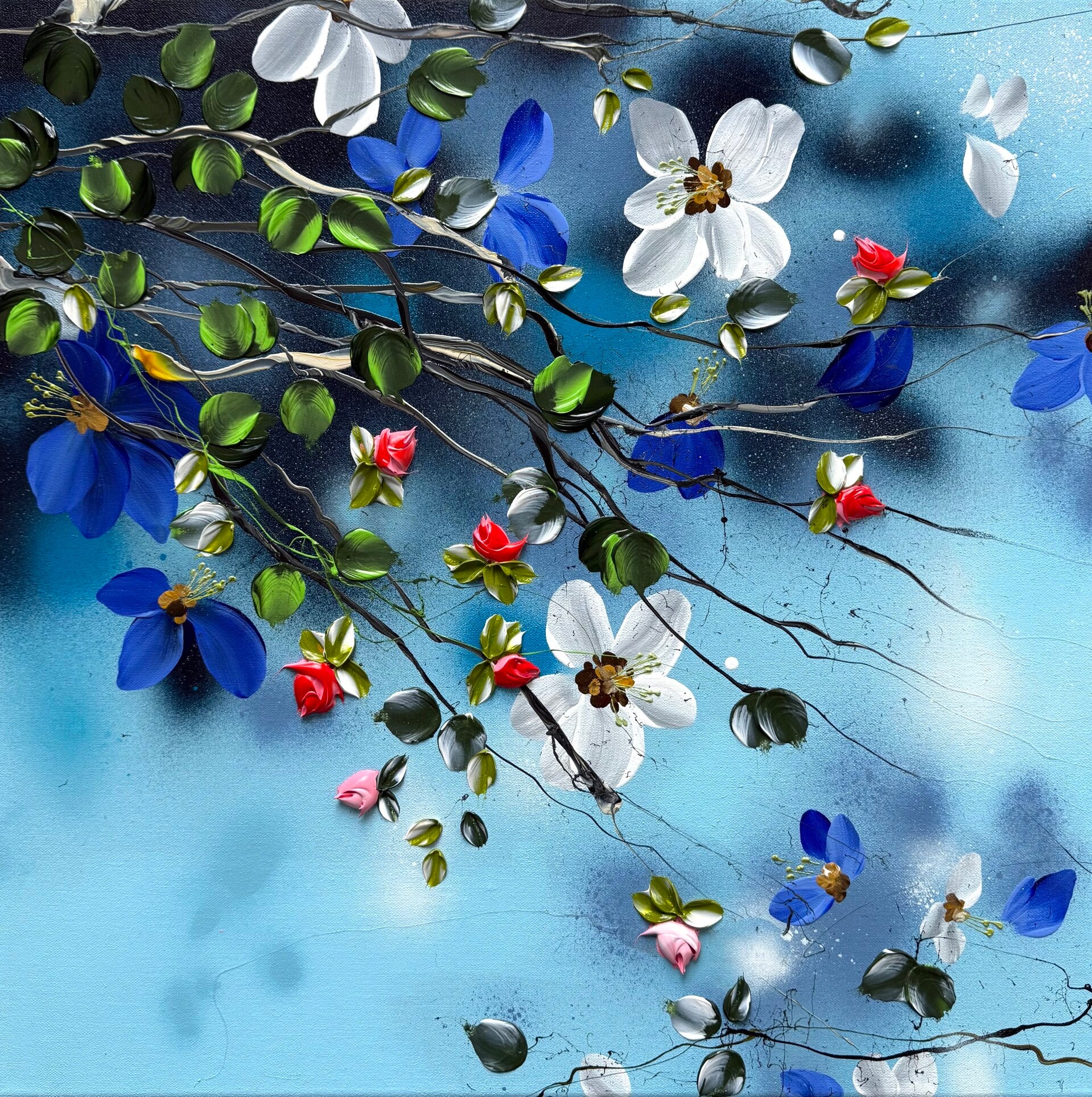 Spring in Blue I - impressionistic floral art, 60 × 60 × 2 cm / 23.6 × 23.6 × 0.8 in