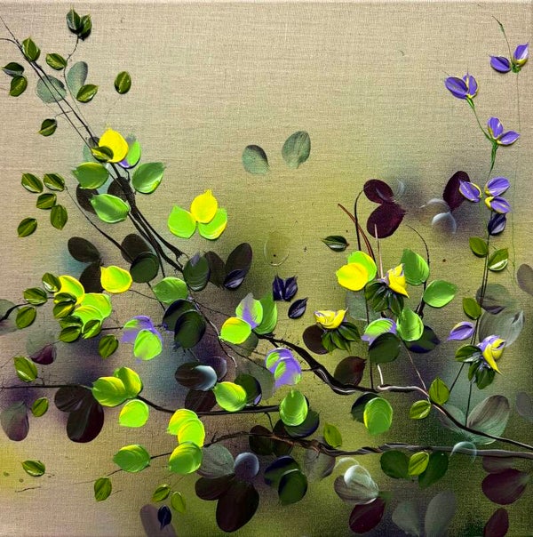 Lime - Violet Blooms,  50 × 50 × 2 cm / 19.7 × 19.7 × 0.8 in