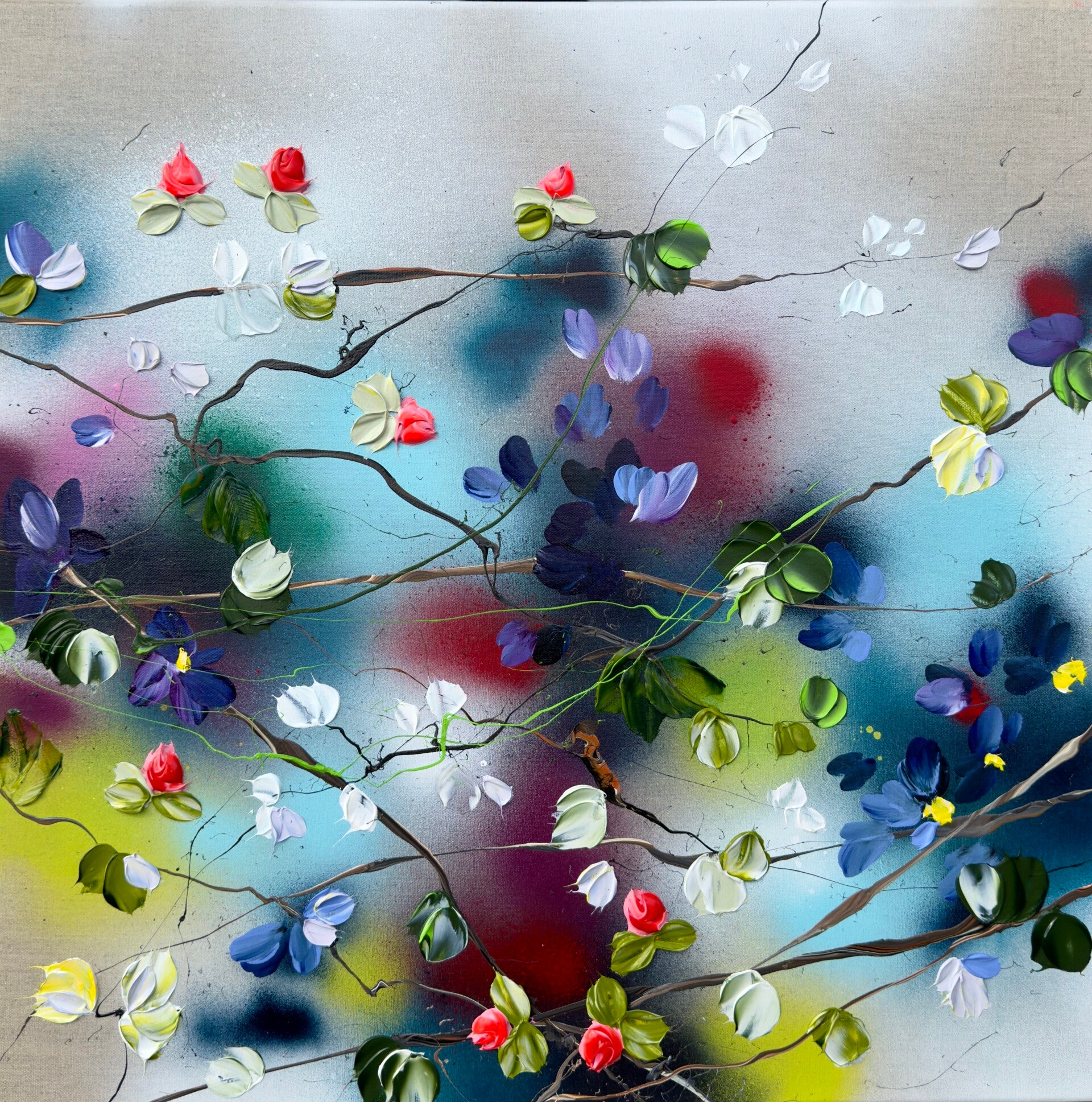 Petals in Flight II - floral art, 60x60x2 cm (23,6 x 23,6 x 0,8 inches)