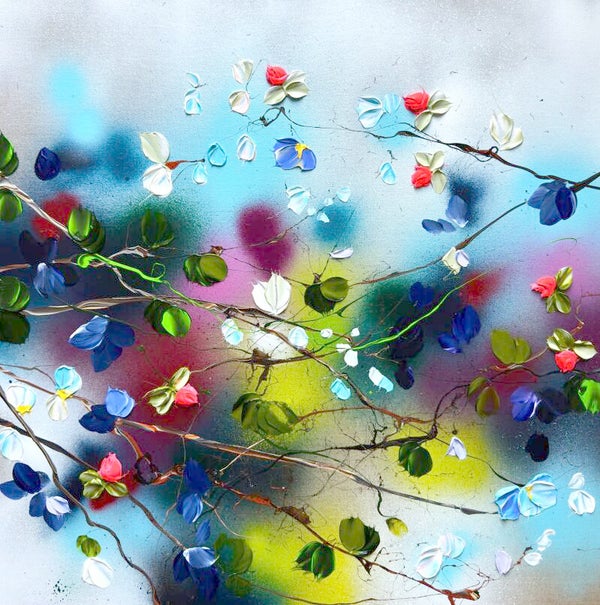 "Petals In Flight" acrylic painting on linen, 60x60 cm /23,6 x23,6 inches