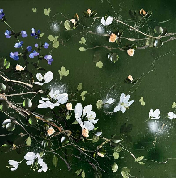 Quiet Branches I - deep green floral art on linen, 60 × 60 × 2 cm | 23.6 × 23.6 × 0.8 in
