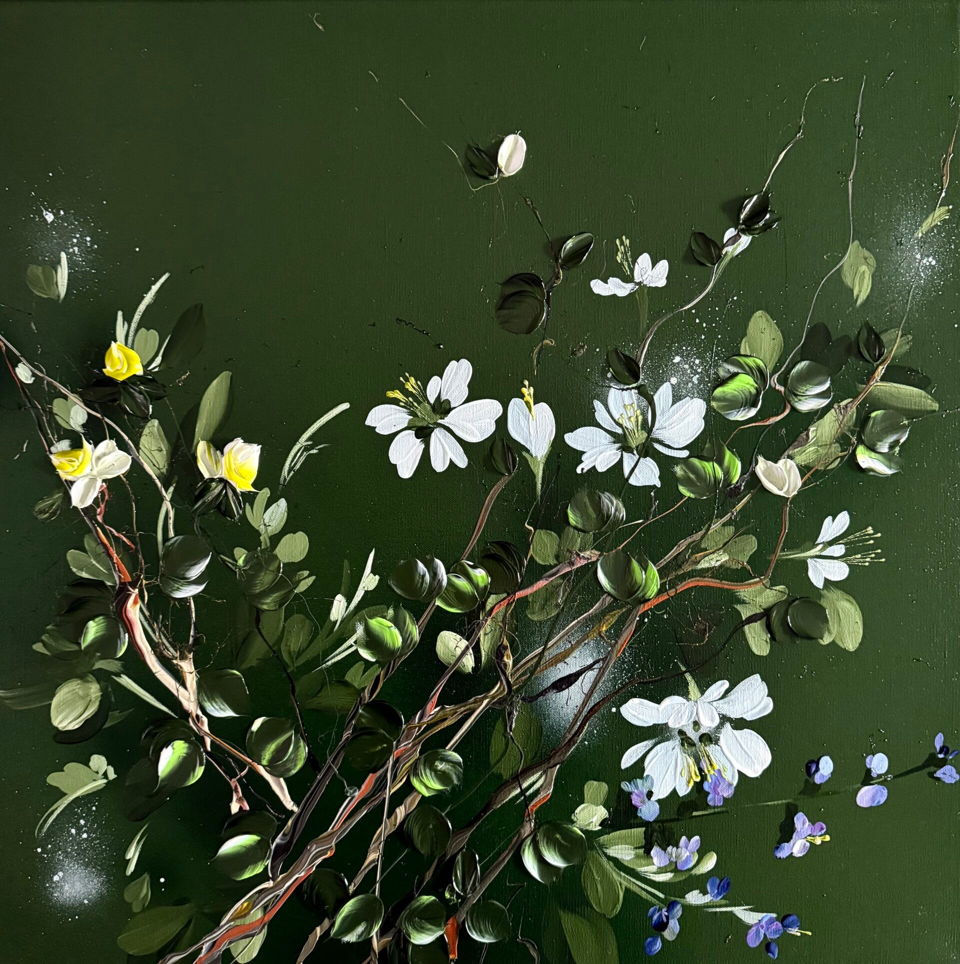 Quiet Branches II - deep green floral art on linen, 60 × 60 × 2 cm | 23.6 × 23.6 × 0.8 in