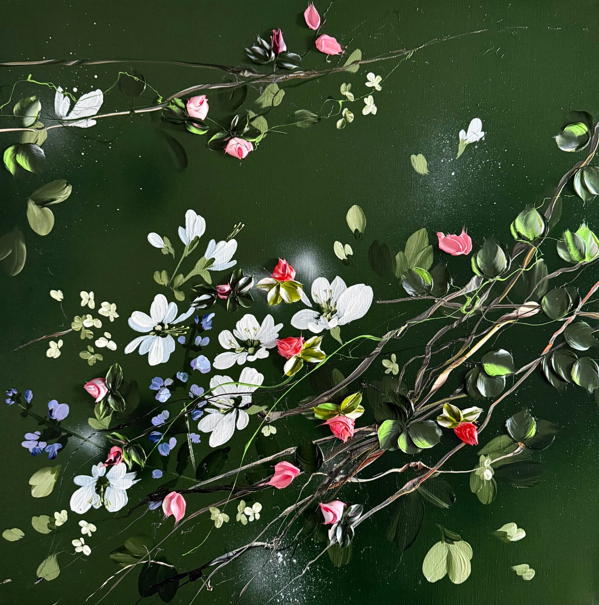 Quiet Branches III - deep green floral art on linen,60 × 60 × 2 cm | 23.6 × 23.6 × 0.8 in