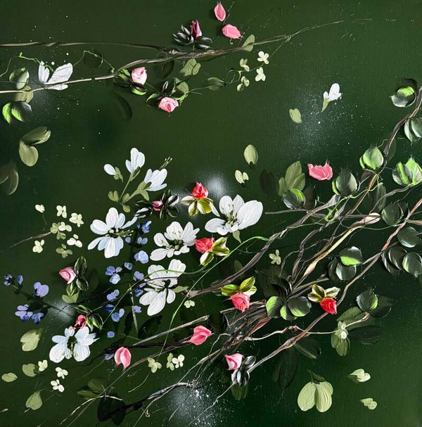 Quiet Branches III - deep green floral art on linen,60 × 60 × 2 cm | 23.6 × 23.6 × 0.8 in