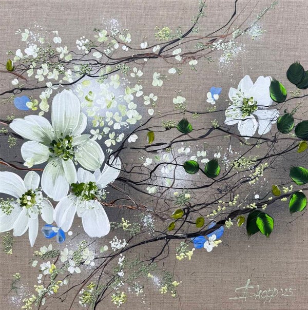 "White Blooms" 3d flowers on linen canvas, 50 × 50 × 2 cm / 19.7 × 19.7 × 0.8 in