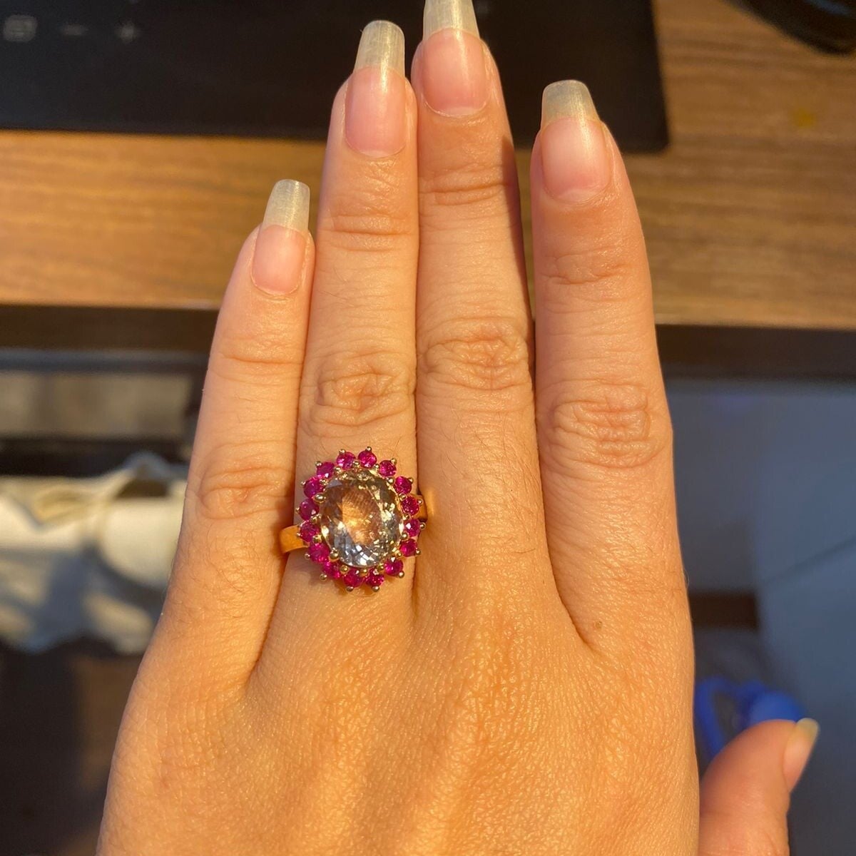 Morganite with rubies gold ring
