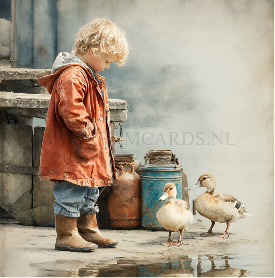 Wenskaart 11x11 - Jongen met eend