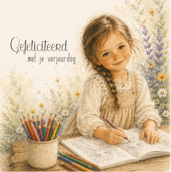 Wenskaart 11x11 - Meisje kleurboek
