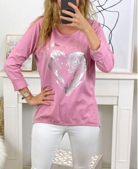 T-shirt flocage coeur rose. Taille unique.