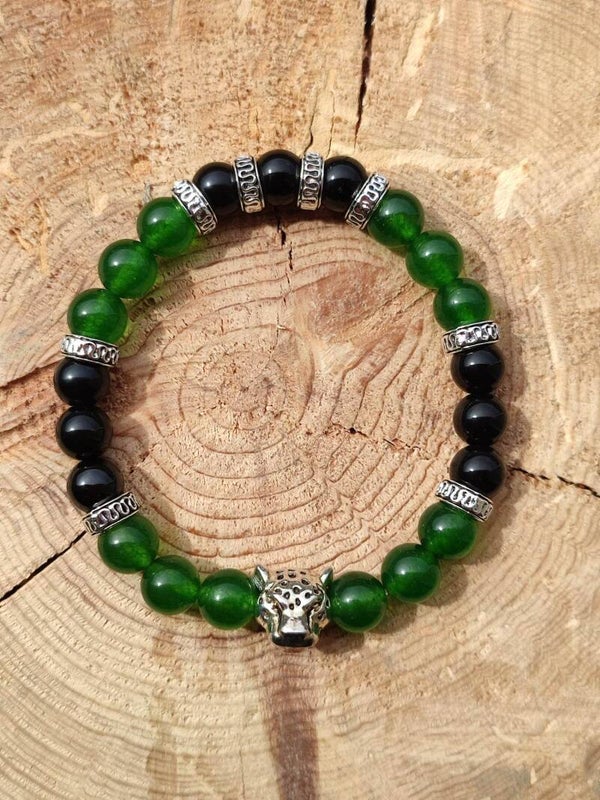Bracelet léopard jade vert & agate noire
