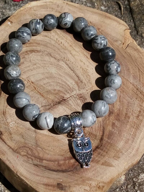 Bracelet hibou jaspe paysage gris