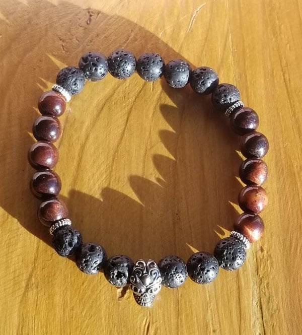 Bracelet tête de mort pierre de lave & œil de taureau