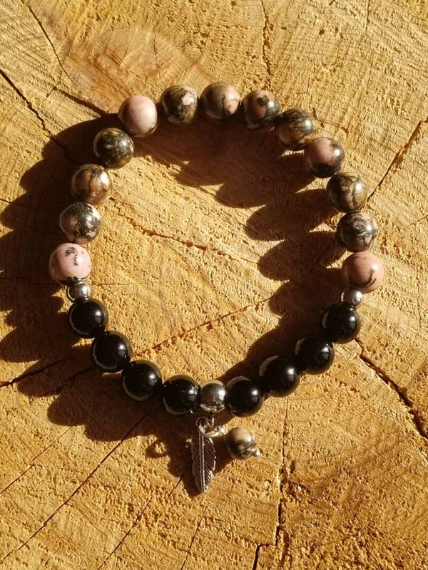 Bracelet plume rhodonite & agate noire