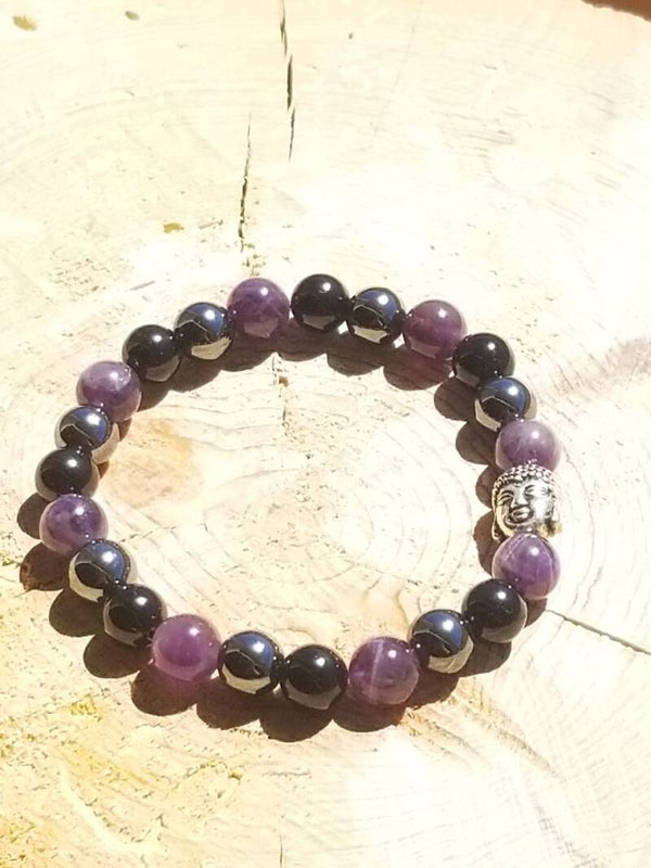 Bracelet bouddha hématite, agate noire & améthyste