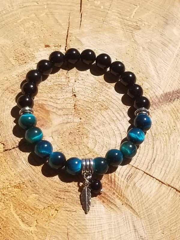 Bracelet plume en agate noire & œil de tigre bleu