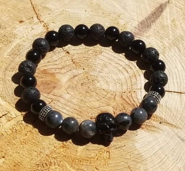 Bracelet tête de mort labradorite grise, pierre de lave & agate noire