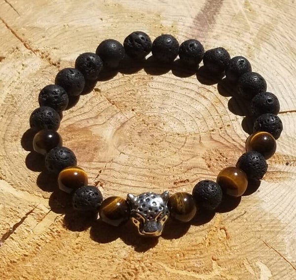Bracelet léopard pierre de lave & œil de tigre