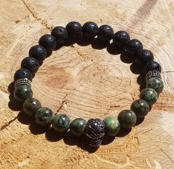 Bracelet tête de mort turquoise africaine & pierre de lave