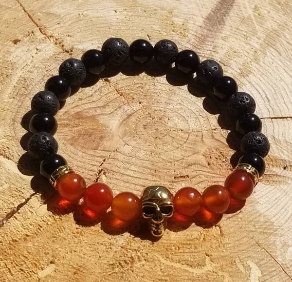 Bracelet tête de mort cornaline, pierre de lave & agate noire