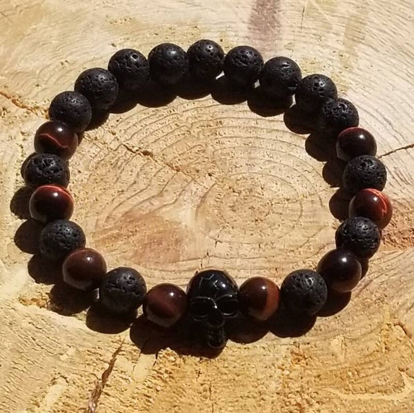 Bracelet tête de mort pierre de lave & œil de taureau