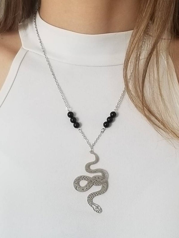 Collier fin serpent agate noire
