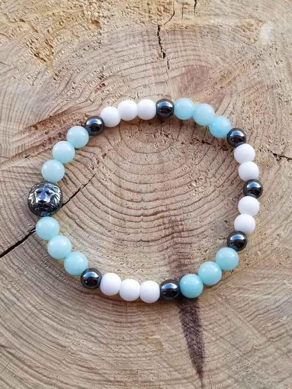 Bracelet lion jade bleu & agate blanche