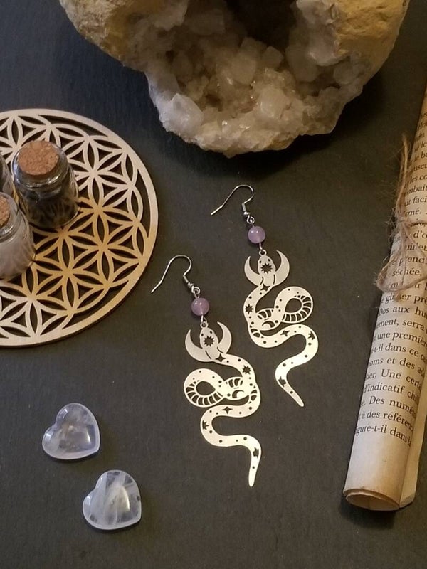 Boucles d'oreilles serpent quartz rose