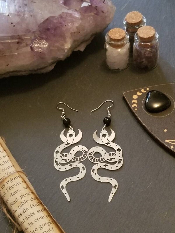 Boucles d'oreilles serpent agate noire