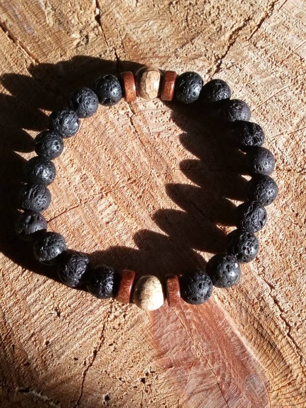 Bracelet bois pierre de lave & jaspe paysage