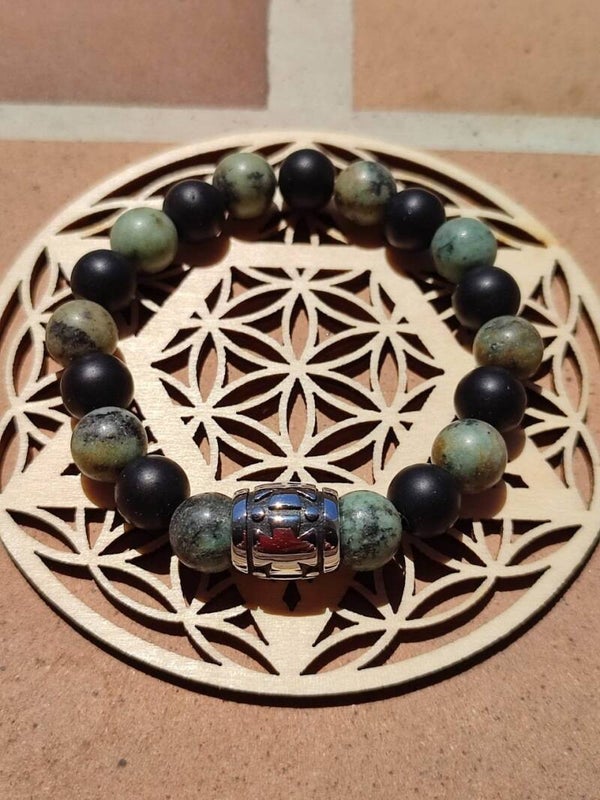 Bracelet croix onyx mat & turquoise africaine dépolie