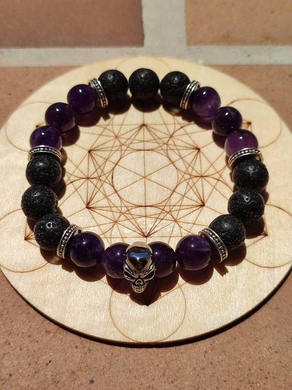 Bracelet tête de mort améthyste & pierre de lave