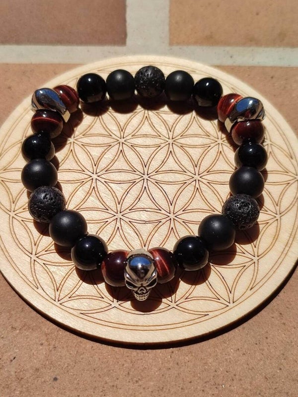 Bracelet triple têtes œil de taureau, pierre de lave, onyx mat & agate noire