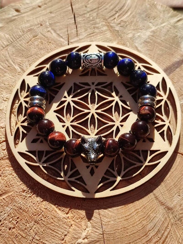 Bracelet loup œil de faucon & œil de taureau