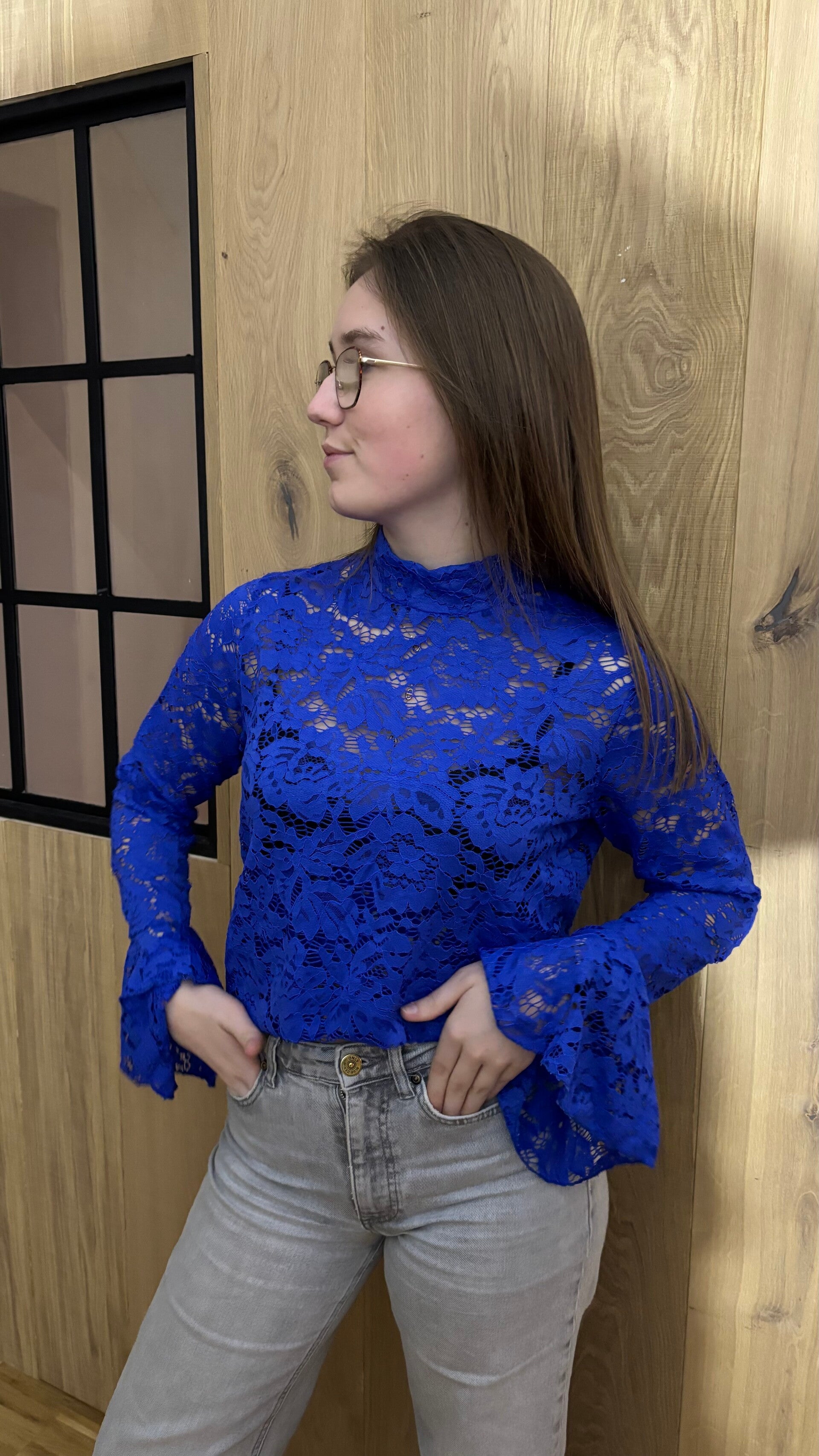 Blue Lace Flared Sleeve Top