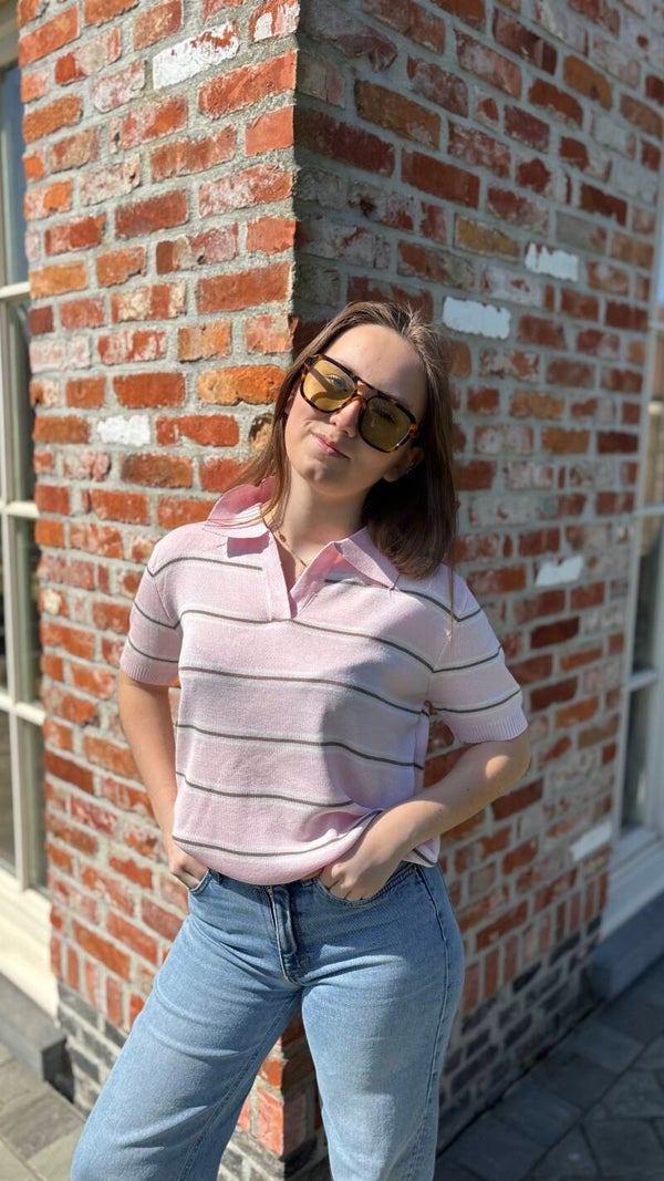 Striped fine knit polo – pink