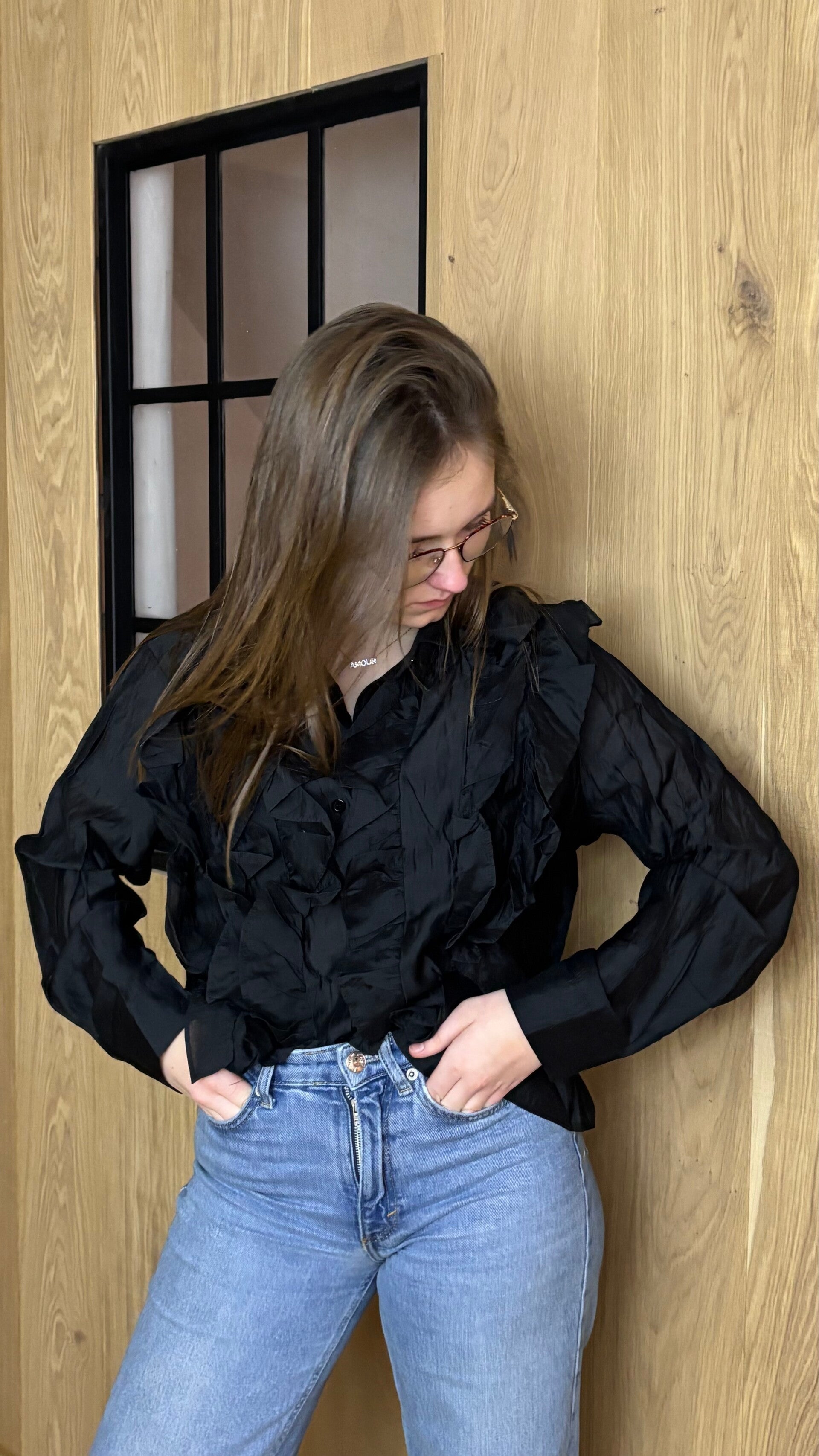 Ruffled blouse black - ONE SIZE
