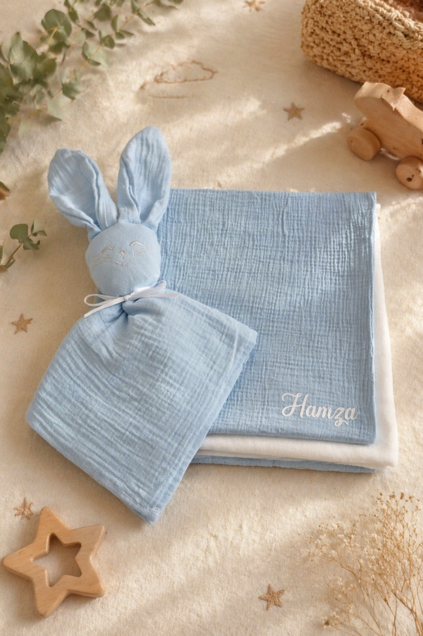 Doudou et couverture en gaze de coton personnalisée - Plusieurs coloris disponibles