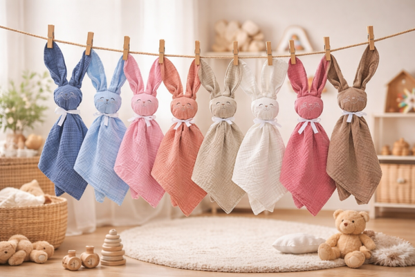 Doudou Lapin en gaze de coton à personnaliser - Plusieurs coloris au choix