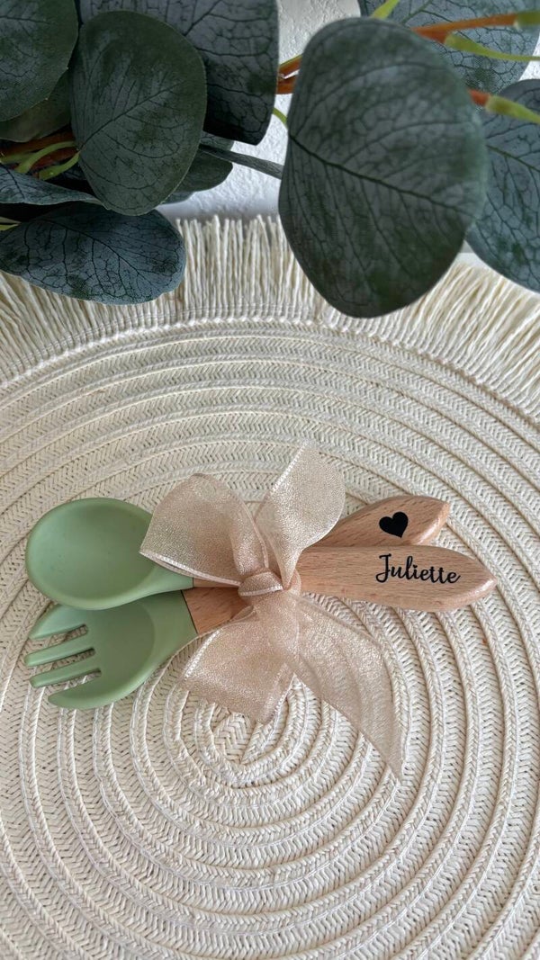 Ensemble Fourchette & Cuillère en Silicone – Personnalisé avec le prénom de bébé