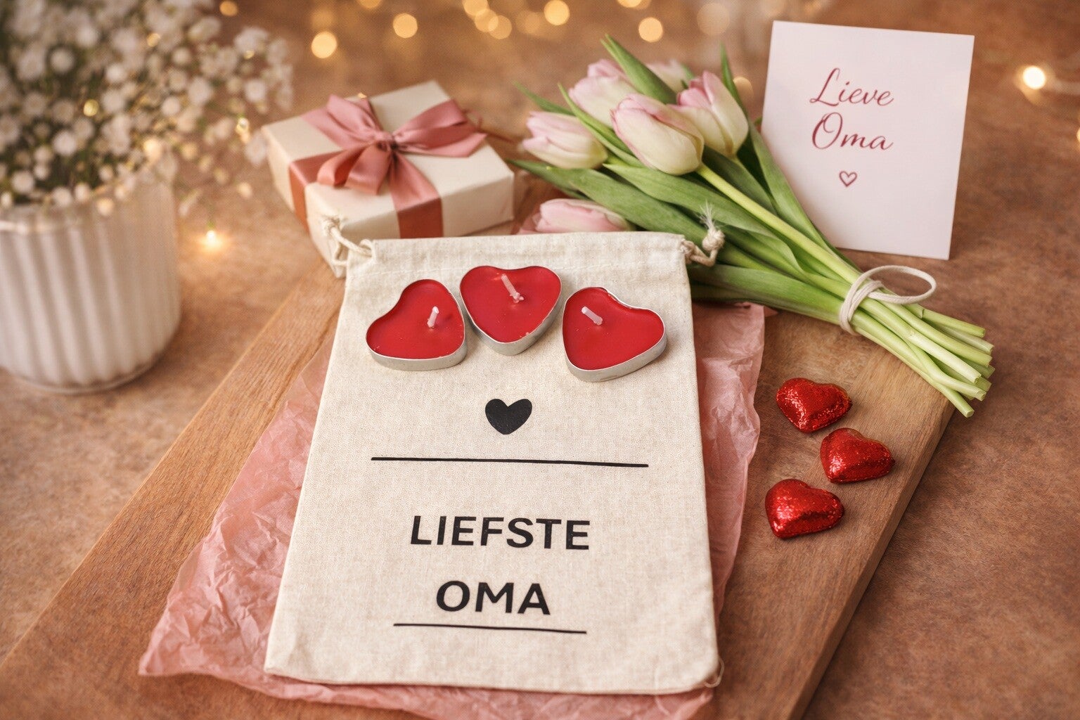 zakje met liefste oma en 3 hartjes kaarjes