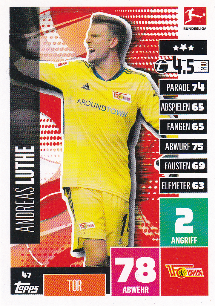 Andreas Luthe - 1.FC Union Berlin - Topps Match Attax 2020 - Basis Karte - Nr. 47