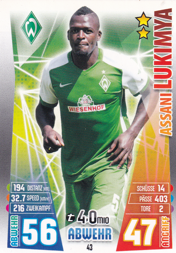 Assani Lukimya - Werder Bremen - Topps Match Attax 2015 - Basis Karte - Nr. 43