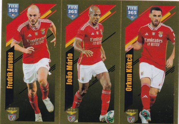 Fredrik Aursnes & Joäo Mario & Orkun Kökcü / Benfica Lissabon / Panini Fifa 365 Jahr 2024 / Triple Gold Bild / Nr. 395 a b c