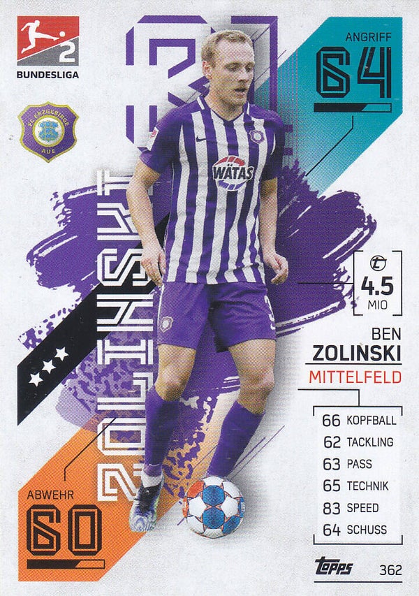 Ben Zolinski FC Erzgebirge Aue Topps Match Attax 2021 Basis Karte / Nr. 362