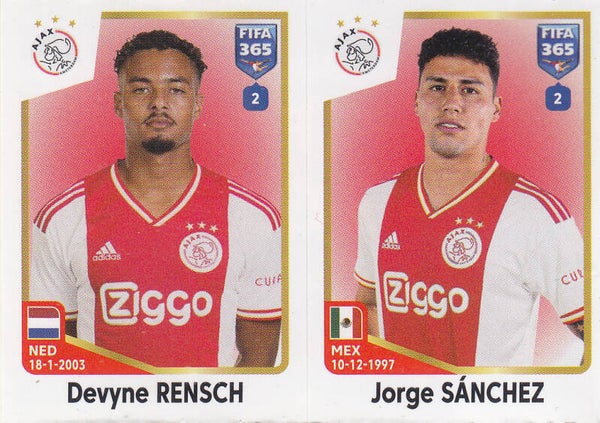 Devyne Rensch & Jorge Sanchez / Ajax Amsterdam / Panini Fifa 365 Jahr 2023 / Basis Doppelbild / Nr. 377 a 377 b