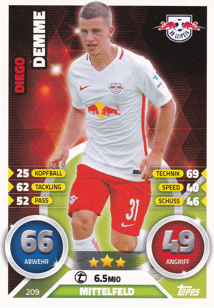 Diego Demme - RB Leipzig - Topps Match Attax 2016 - Basis Karte - Nr. 209
