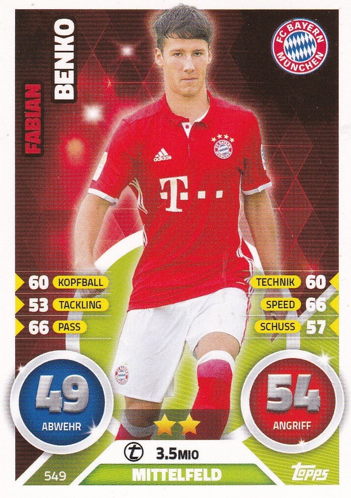 Fabian Benko / FC Bayern München / Topps Match Attax 2016 / Basis Karte / Nr. 549